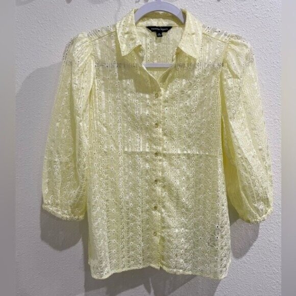 Nanette Lepore Embroidered Floral Dainty Yellow Button Top Puff Sleeve Boho - Picture 1 of 7